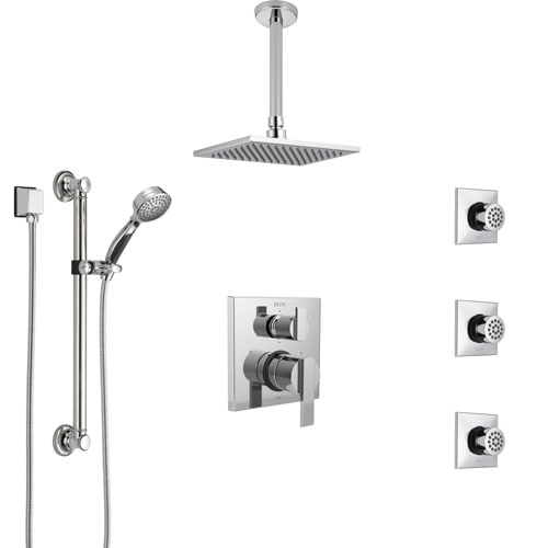 Delta Ara Chrome Shower System with Control Handle, Integrated Diverter, Ceiling Mount Showerhead, 3 Body Sprays, and Grab Bar Hand Shower SS2496710