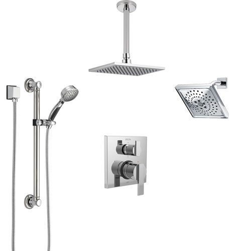 Delta Ara Chrome Shower System with Control Handle, Integrated Diverter, Showerhead, Ceiling Mount Showerhead, and Hand Shower with Grab Bar SS2496711