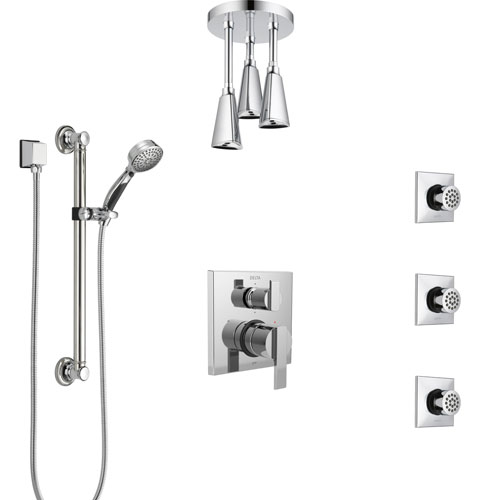 Delta Ara Chrome Shower System with Control Handle, Integrated Diverter, Ceiling Mount Showerhead, 3 Body Sprays, and Grab Bar Hand Shower SS249674