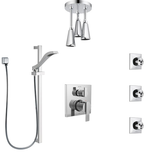 Delta Ara Chrome Shower System with Control Handle, Integrated 6-Setting Diverter, Ceiling Mount Showerhead, 3 Body Sprays, and Hand Shower SS249676