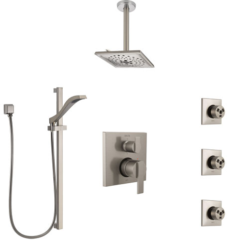 Delta Ara Stainless Steel Finish Integrated Diverter Shower System Control Handle, Ceiling Showerhead, 3 Body Sprays, and Hand Shower SS24967SS12