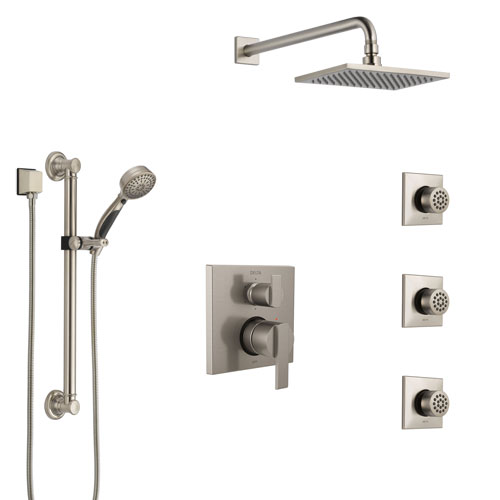 Delta Ara Stainless Steel Finish Integrated Diverter Shower System Control Handle, Showerhead, 3 Body Sprays, and Grab Bar Hand Shower SS24967SS4