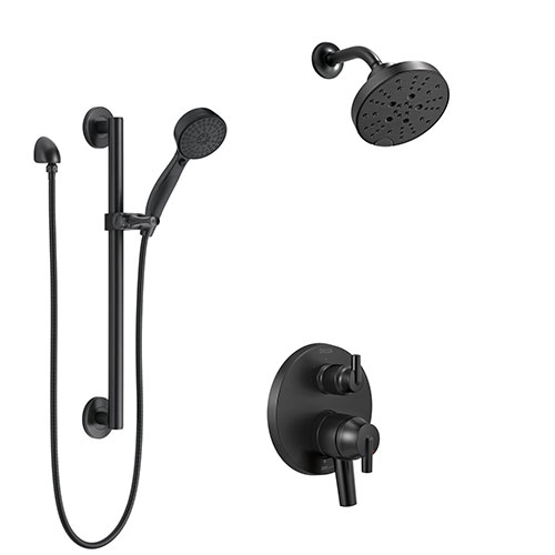 Delta Trinsic Matte Black Finish Built-in Diverter Shower System with Multi-Setting Wall Mount Showerhead and Hand Shower with Grab Bar SS27859BL5