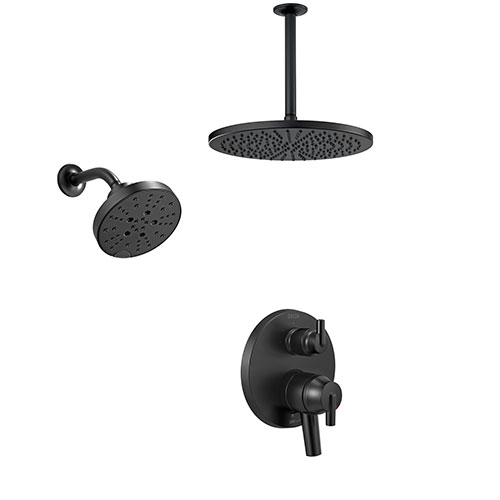 Delta Trinsic Matte Black Finish Shower System with Modern Round Large Ceiling Mount Rain Shower and Multi-Setting Wall Showerhead SS27859BL7