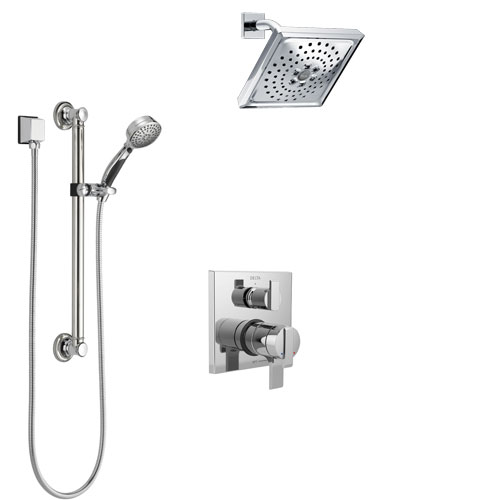 Delta Ara Chrome Finish Shower System with Dual Control Handle, Integrated 3-Setting Diverter, Showerhead, and Hand Shower with Grab Bar SS278671