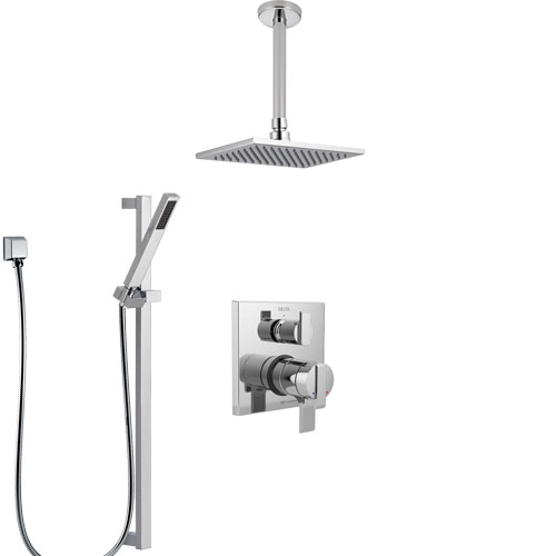 Delta Ara Chrome Finish Shower System with Dual Control Handle, Integrated Diverter, Ceiling Mount Showerhead, and Hand Shower with Slidebar SS278677