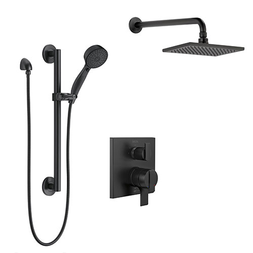 Delta Ara Matte Black Finish Modern Integrated Diverter Shower System with Wall Mount Rain Showerhead and Hand Shower with Grab Bar SS27867BL3
