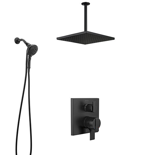 Delta Ara Matte Black Finish Integrated Diverter Shower System with Large Square Rain Ceiling Showerhead and Detachable Hand Sprayer SS27867BL8