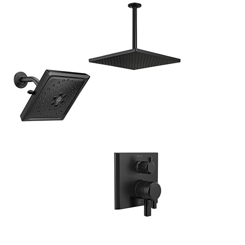 Delta Pivotal Matte Black Angular Modern Integrated Diverter Shower System with Large Square Ceiling Rain Showerhead and Wall Showerhead SS27899BL7