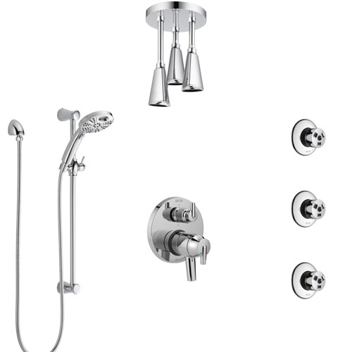 Delta Trinsic Chrome Dual Control Handle Shower System, Integrated Diverter, Ceiling Mount Showerhead, 3 Body Sprays, and Temp2O Hand Shower SS279595