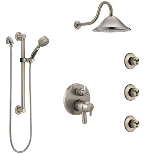 Delta Trinsic Dual Control Handle Stainless Steel Finish Integrated Diverter Shower System, Showerhead, 3 Body Sprays, Grab Bar Hand Spray SS27959SS11