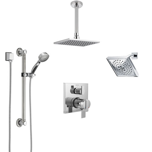 Delta Ara Chrome Shower System with Dual Control Handle, Integrated Diverter, Showerhead, Ceiling Mount Showerhead, and Grab Bar Hand Shower SS2796711