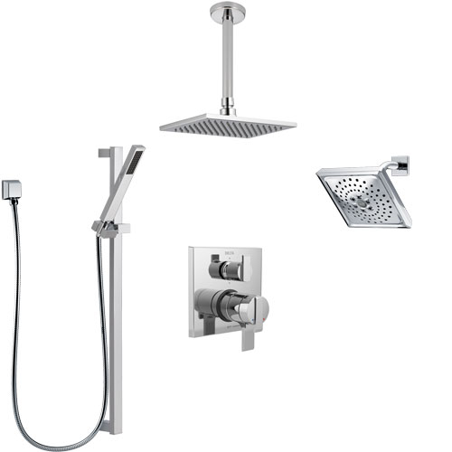 Delta Ara Chrome Shower System with Dual Control Handle, Integrated Diverter, Showerhead, Ceiling Mount Showerhead, and Hand Shower SS2796712