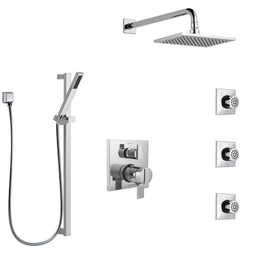 Delta Ara Chrome Finish Shower System with Dual Control Handle, Integrated 6-Setting Diverter, Showerhead, 3 Body Sprays, and Hand Shower SS279671