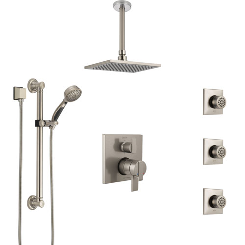 Delta Ara Dual Control Handle Stainless Steel Finish Shower System, Ceiling Showerhead, 3 Body Jets, Grab Bar Hand Spray SS27967SS1