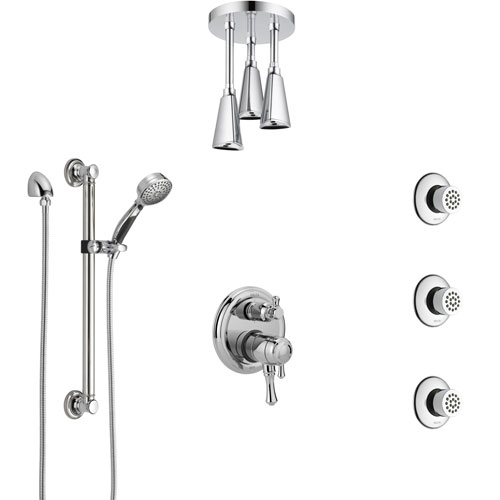 Delta Cassidy Chrome Shower System with Dual Control Handle, Integrated Diverter, Ceiling Showerhead, 3 Body Sprays, and Grab Bar Hand Spray SS2799712