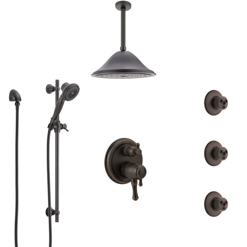 Delta Cassidy Venetian Bronze Shower System with Dual Control Handle, Integrated Diverter, Ceiling Showerhead, 3 Body Sprays, Hand Spray SS27997RB11