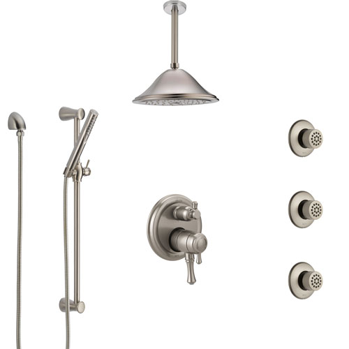 Delta Cassidy Dual Control Handle Stainless Steel Finish Integrated Diverter Shower System, Ceiling Showerhead, 3 Body Sprays, Hand Spray SS27997SS10