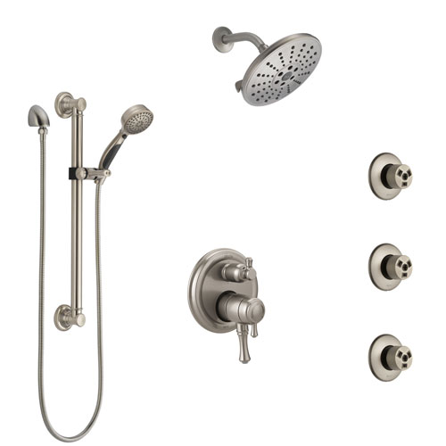 Delta Cassidy Dual Control Handle Stainless Steel Finish Integrated Diverter Shower System, Showerhead, 3 Body Sprays, Grab Bar Hand Spray SS27997SS2