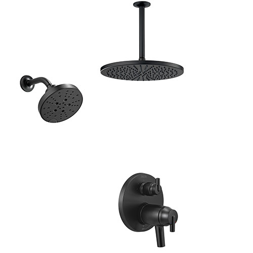 Delta Trinsic Matte Black Integrated Diverter Shower System with Large Rain Ceiling Showerhead and Multi-Setting Wall Mount Showerhead SS27T859BL7