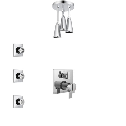 Delta Ara Chrome Shower System with Dual Thermostatic Control Handle, Integrated Diverter, Ceiling Mount Showerhead, and 3 Body Sprays SS27T8674