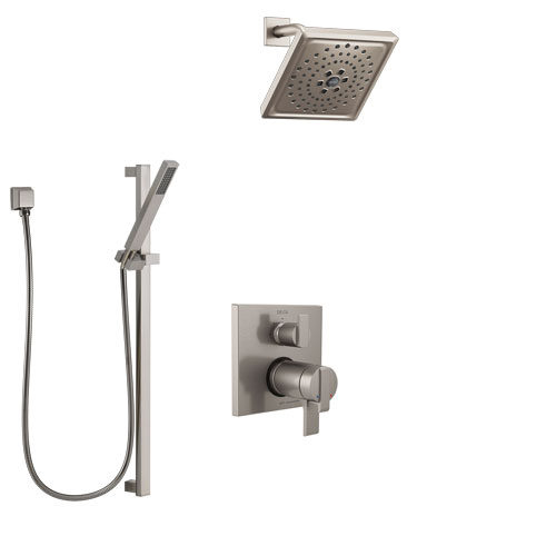 Delta Ara Dual Thermostatic Control Handle Stainless Steel Finish Shower System, Integrated Diverter, Showerhead, and Hand Shower SS27T867SS5