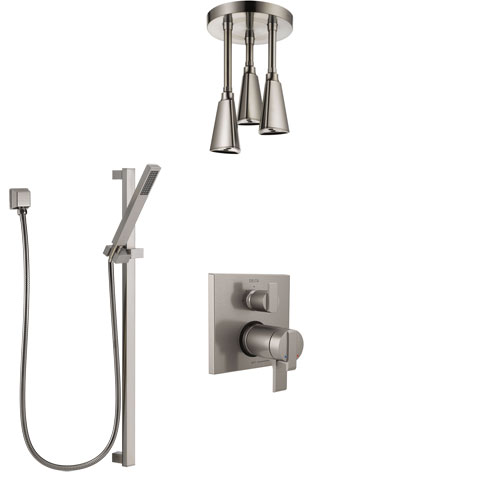 Delta Ara Dual Thermostatic Control Stainless Steel Finish Integrated Diverter Shower System, Ceiling Mount Showerhead, and Hand Shower SS27T867SS6