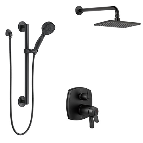 Delta Stryke Matte Black Thermostatic Shower System Integrated Diverter with Wall Mount Rain Showerhead and Hand Sprayer with Grab Bar SS27T876BLL3