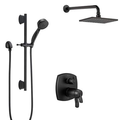 Delta Stryke Matte Black Thermostatic Shower System Integrated Diverter with Wall Mount Rain Showerhead and Hand Sprayer on Slidebar SS27T876BLL4