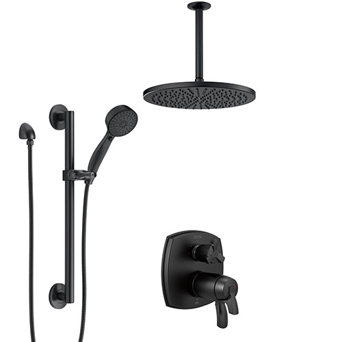 Delta Stryke Matte Black Shower System with Integrated Diverter, Modern Round Large Rain Ceiling Showerhead, and Grab Bar Hand Spray SS27T876BLX1