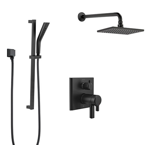 Delta Pivotal Matte Black Integrated Diverter Shower System with Wall Mount Rain Showerhead and Multi-Setting Hand Shower with Slide Bar SS27T899BL4
