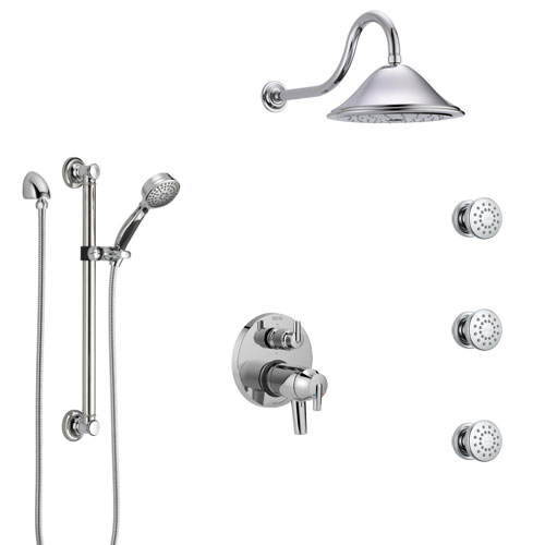Delta Trinsic Chrome Shower System with Dual Thermostatic Control, Integrated Diverter, Showerhead, 3 Body Sprays, and Grab Bar Hand Shower SS27T9591