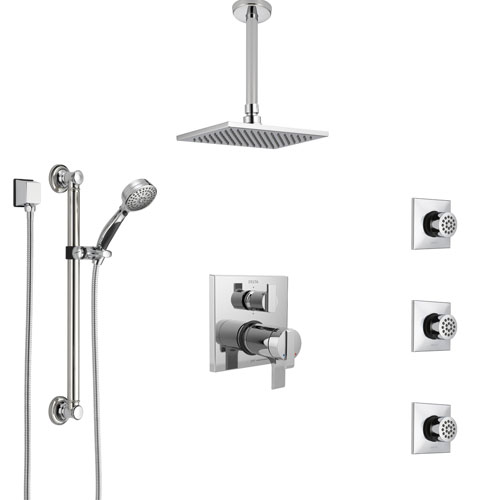Delta Ara Chrome Dual Thermostatic Control Integrated Diverter Shower System, Ceiling Showerhead, 3 Body Sprays, and Grab Bar Hand Shower SS27T96710