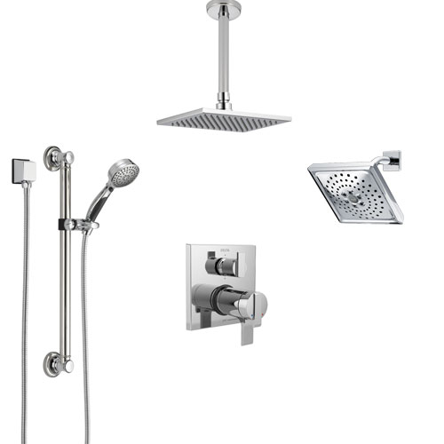 Delta Ara Chrome Dual Thermostatic Control Integrated Diverter Shower System, Showerhead, Ceiling Showerhead, and Grab Bar Hand Shower SS27T96711