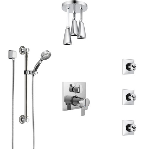 Delta Ara Chrome Dual Thermostatic Control Integrated Diverter Shower System, Ceiling Showerhead, 3 Body Sprays, and Grab Bar Hand Shower SS27T9675