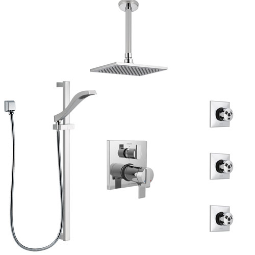 Delta Ara Chrome Shower System with Dual Thermostatic Control, Integrated Diverter, Ceiling Mount Showerhead, 3 Body Sprays, and Hand Shower SS27T9678