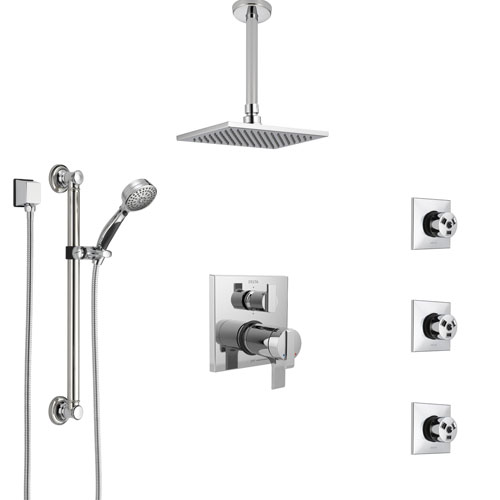 Delta Ara Chrome Dual Thermostatic Control Integrated Diverter Shower System, Ceiling Showerhead, 3 Body Sprays, and Grab Bar Hand Shower SS27T9679