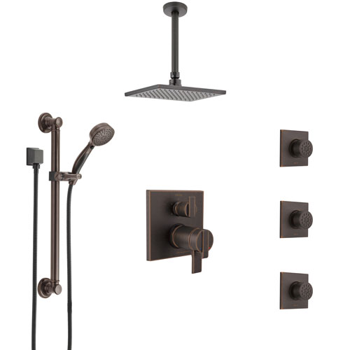 Delta Ara Venetian Bronze Dual Thermostatic Control Shower System, Ceiling Showerhead, 3 Body Jets, Grab Bar Hand Spray SS27T967RB2