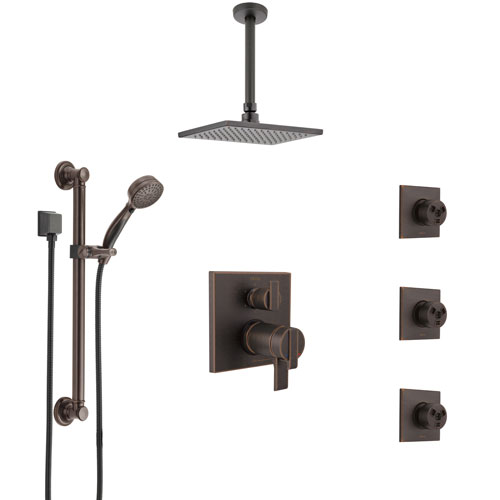 Delta Ara Venetian Bronze Dual Thermostatic Control Shower System, Ceiling Showerhead, 3 Body Jets, Grab Bar Hand Spray SS27T967RB3