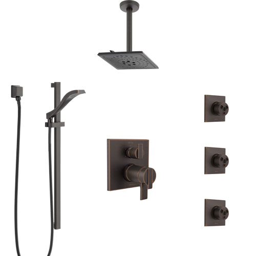 Delta Ara Venetian Bronze Dual Thermostatic Control Integrated Diverter Shower System, Ceiling Showerhead, 3 Body Sprays, and Hand Shower SS27T967RB5