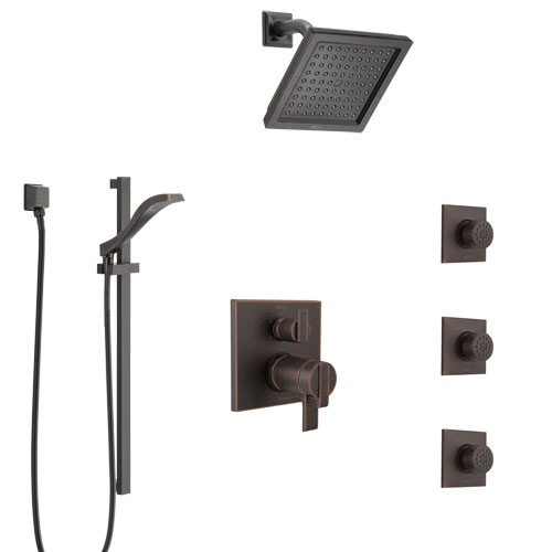 Delta Ara Venetian Bronze Shower System with Dual Thermostatic Control, Integrated Diverter, Showerhead, 3 Body Sprays, and Hand Shower SS27T967RB7