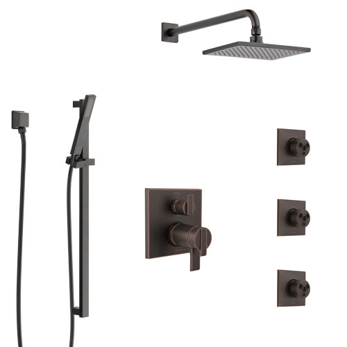 Delta Ara Venetian Bronze Shower System with Dual Thermostatic Control, Integrated Diverter, Showerhead, 3 Body Sprays, and Hand Shower SS27T967RB9