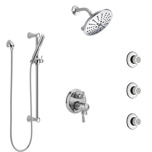Delta Cassidy Chrome Shower System with Dual Thermostatic Control, Integrated Diverter, Showerhead, 3 Body Sprays, and Hand Shower SS27T99710