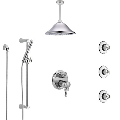 Delta Cassidy Chrome Shower System with Dual Thermostatic Control, Integrated Diverter, Ceiling Showerhead, 3 Body Sprays, and Hand Shower SS27T9973