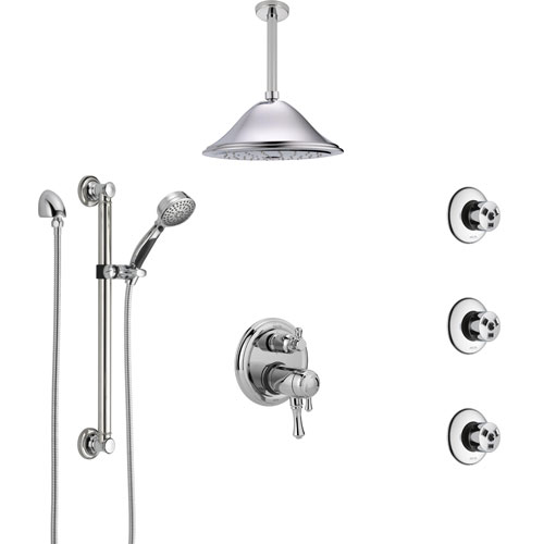 Delta Cassidy Chrome Dual Thermostatic Control Integrated Diverter Shower System, Ceiling Showerhead, 3 Body Sprays, and Grab Bar Hand Spray SS27T9974