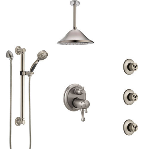 Delta Cassidy Dual Thermostatic Control Stainless Steel Finish Shower System, Ceiling Showerhead, 3 Body Jets, Grab Bar Hand Spray SS27T997SS3