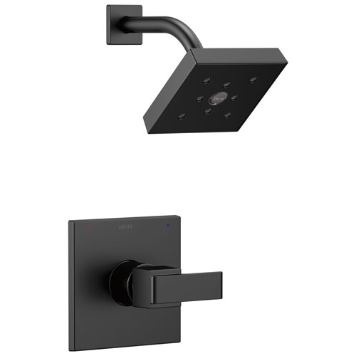 Delta Ara Collection Matte Black Finish Monitor 14 Square Showerhead and Modern Single Handle Control Includes Rough-in Valve without Stops D2439V