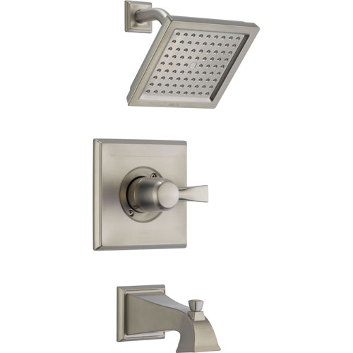 Qty (1): Delta Dryden Modern Square Stainless Steel Finish Tub and Shower Trim Kit
