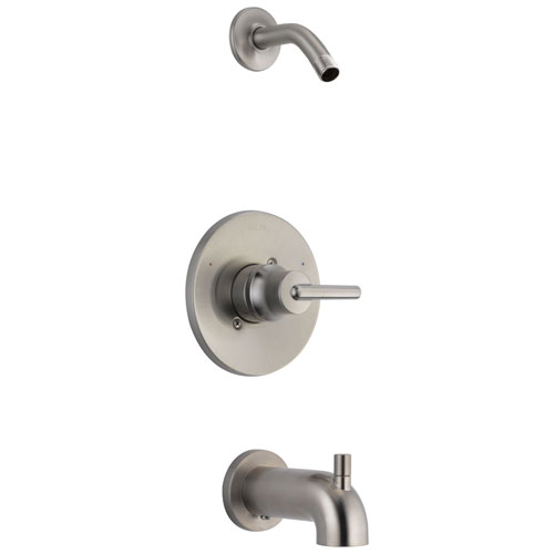 Qty (1): Delta Trinsic Collection Stainless Steel Finish Modern Lever Tub and Shower Combination Faucet Trim Less Showerhead