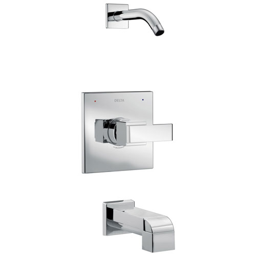 Qty (1): Delta Ara Collection Chrome Monitor 14 Series Modern Square Tub and Shower Combination Faucet Trim Kit Less Showerhead